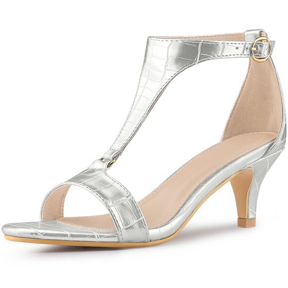 Women's T Strap Embossed Kitten Heel Sandals Silver - Picture 1 of 6